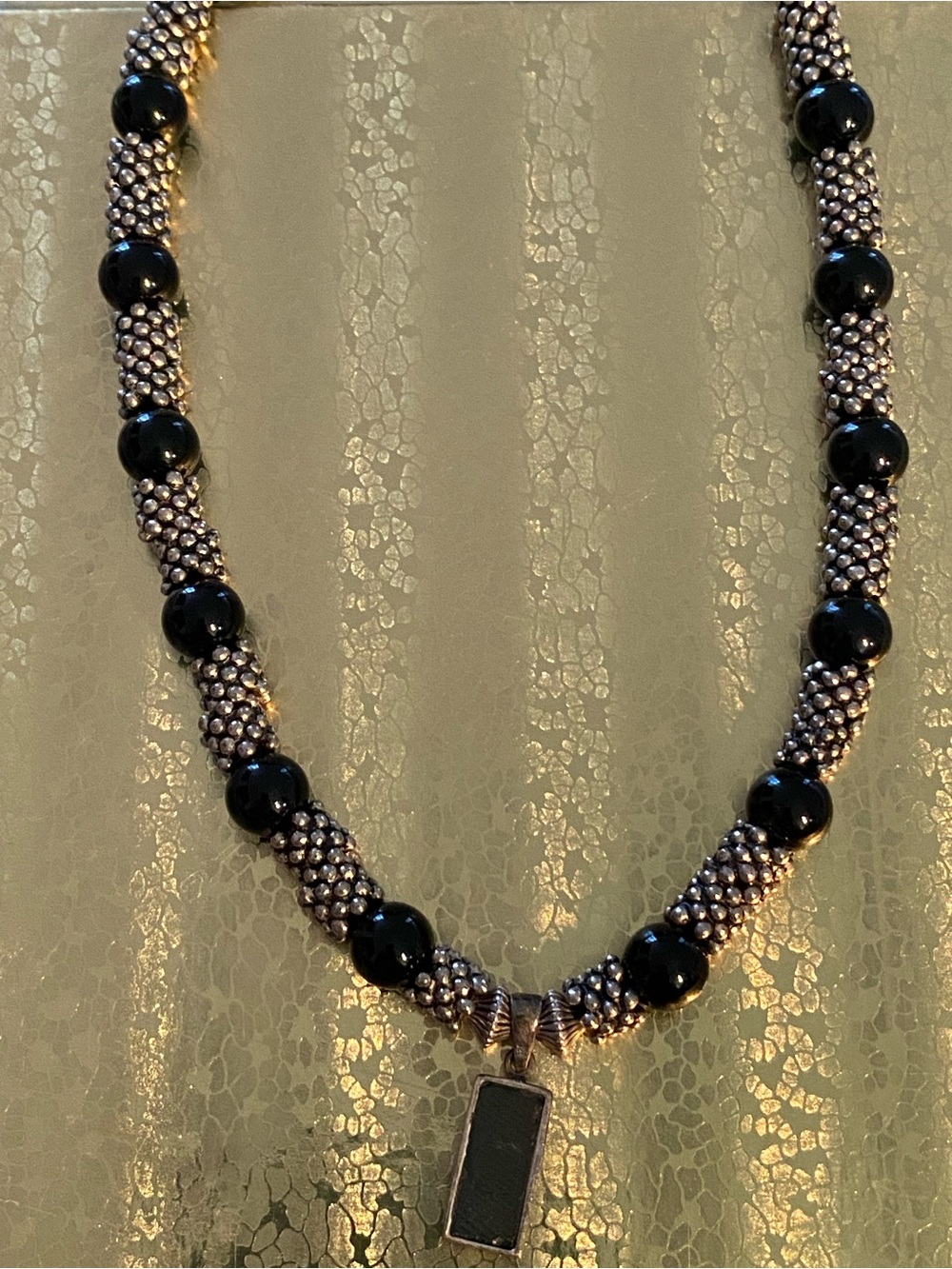 Black Beaded Sterling Silver Pendant Necklace